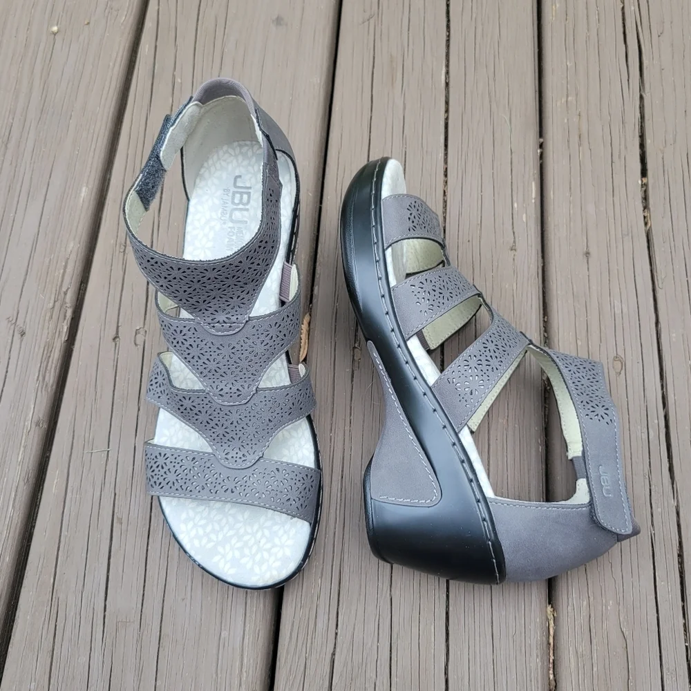 JBU By Jambu Bianca Grey Faux Leather Open Toe Wedge Heel Gladiator Sandals 8‎ - Picture 2 of 9